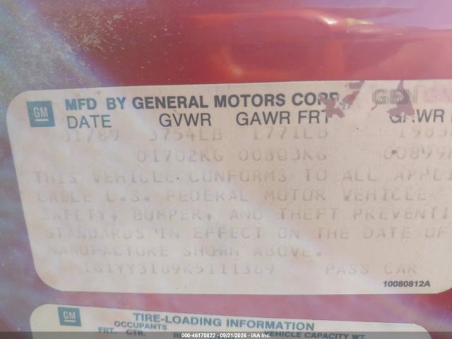 46170822 :رقم المزاد ، 1G1YY3189K5111369 vin ، 1989 Chevrolet Corvette مزاد بيع