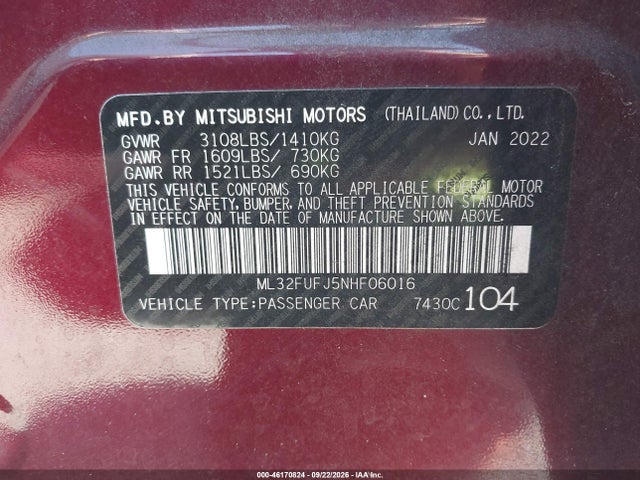 Продажа на аукционе авто 2022 Mitsubishi Mirage G4 Es, vin: ML32FUFJ5NHF06016, номер лота: 46170824