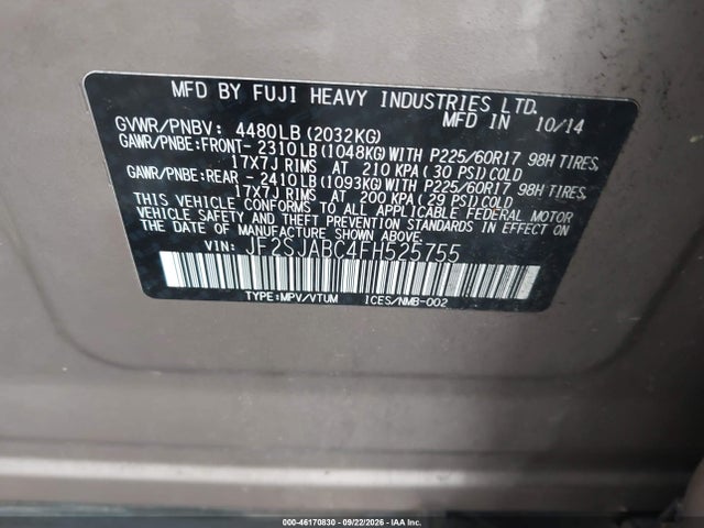 Продаж на аукціоні авто 2015 Subaru Forester 2.5i, vin: JF2SJABC4FH525755, номер лоту: 46170830