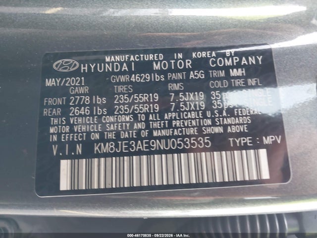 Продаж на аукціоні авто 2022 Hyundai Tucson Limited, vin: KM8JE3AE9NU053535, номер лоту: 46170835