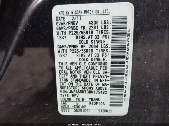 Продажа на аукционе авто 2011 Nissan Rogue Sv, vin: JN8AS5MT3BW175492, номер лота: 46170837
