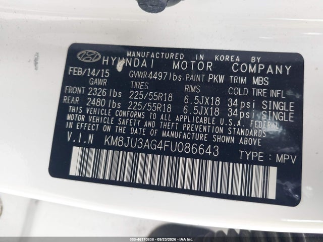 Продаж на аукціоні авто 2015 Hyundai Tucson Limited, vin: KM8JU3AG4FU086643, номер лоту: 46170838