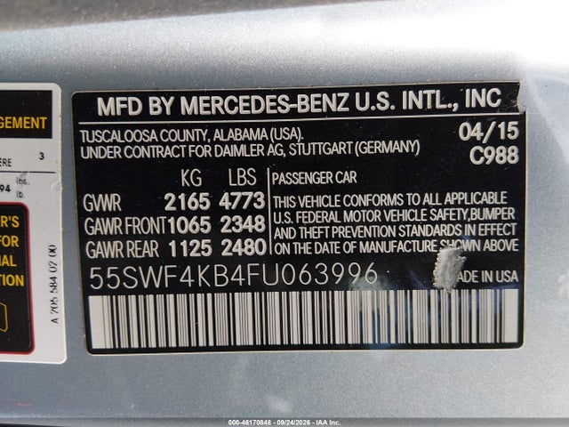 Продаж на аукціоні авто 2015 Mercedes-benz C 300 Luxury 4matic, vin: 55SWF4KB4FU063996, номер лоту: 46170848