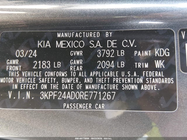 Продаж на аукціоні авто 2024 Kia Forte Lxs, vin: 3KPF24AD0RE771267, номер лоту: 46170856