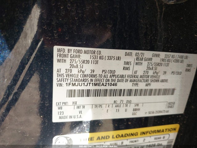 46170871 :رقم المزاد ، 1FMJU1JT1MEA21046 vin ، 2021 Ford Expedition Xlt مزاد بيع