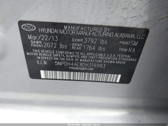 Продаж на аукціоні авто 2013 Hyundai Elantra Gls, vin: 5NPDH4AE8DH316993, номер лоту: 46170898