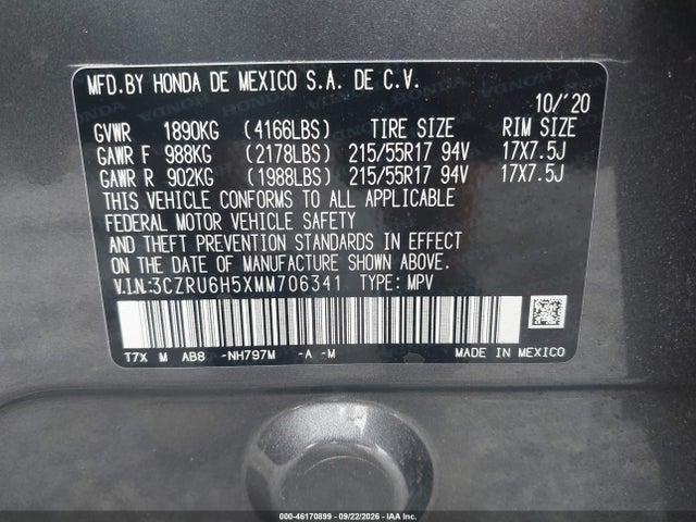 Aukcja sprzedaży 2021 Honda Hr-v Awd Ex, vin: 3CZRU6H5XMM706341, numer aukcji: 46170899