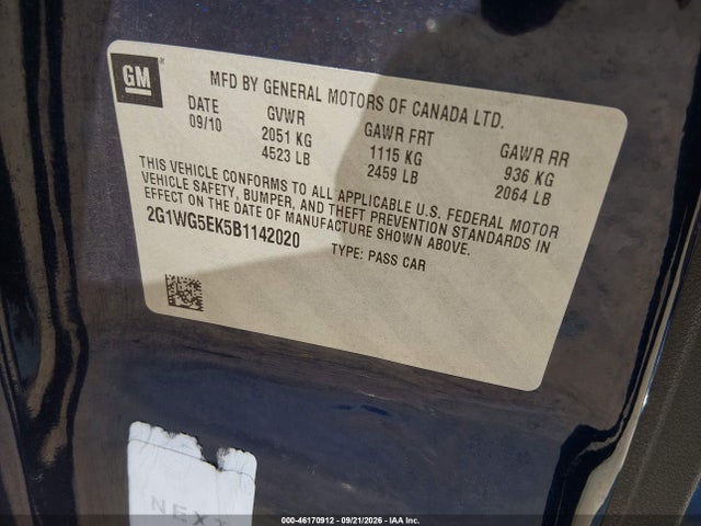 Продаж на аукціоні авто 2011 Chevrolet Impala Lt, vin: 2G1WG5EK5B1142020, номер лоту: 46170912