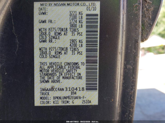 46170932 :رقم المزاد ، 1N6AA0CC4AN310418 vin ، 2010 Nissan Titan Pro-4x مزاد بيع
