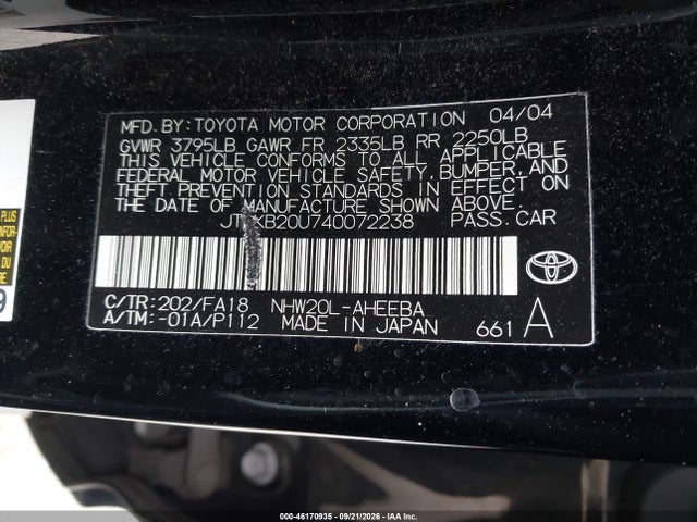 Продажа на аукционе авто 2004 Toyota Prius, vin: JTDKB20U740072238, номер лота: 46170935