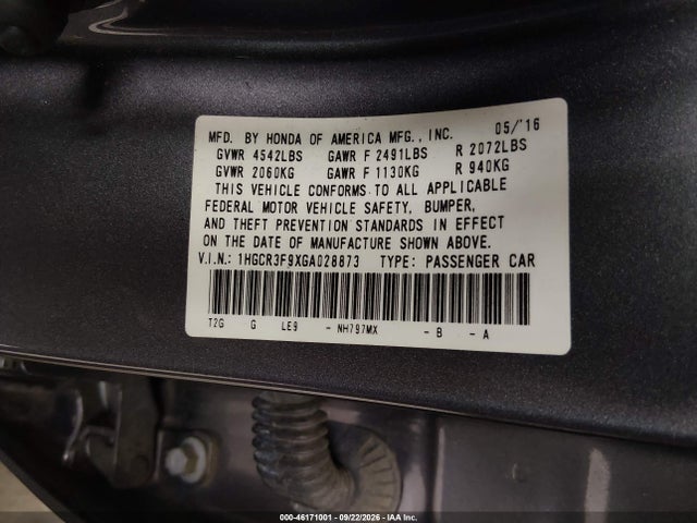 Aukcja sprzedaży 2016 Honda Accord Touring, vin: 1HGCR3F9XGA028873, numer aukcji: 46171001