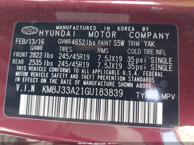 Продаж на аукціоні авто 2016 Hyundai Tucson Limited/sport And Eco/se, vin: KM8J33A21GU183839, номер лоту: 46171002