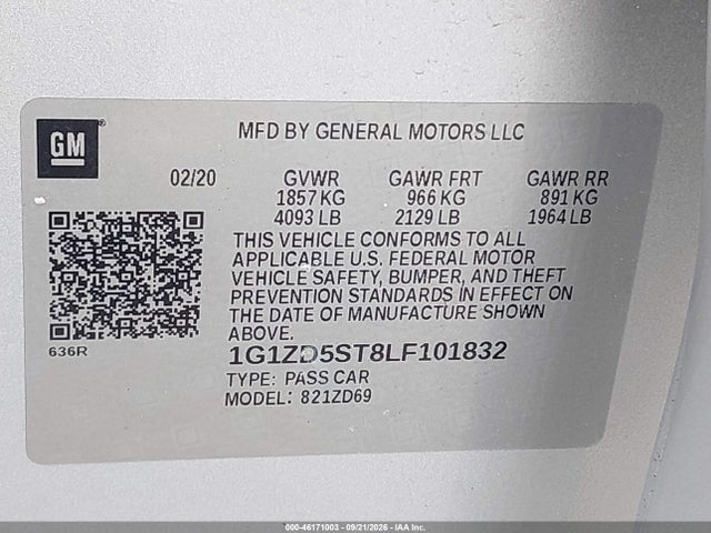 2020 Chevrolet Malibu Lt მანქანა იყიდება აუქციონზე, vin: 1G1ZD5ST8LF101832, აუქციონის ნომერი: 46171003