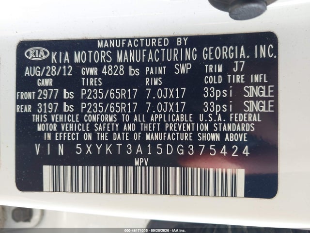 Aukcja sprzedaży 2013 Kia Sorento Lx, vin: 5XYKT3A15DG375424, numer aukcji: 46171005