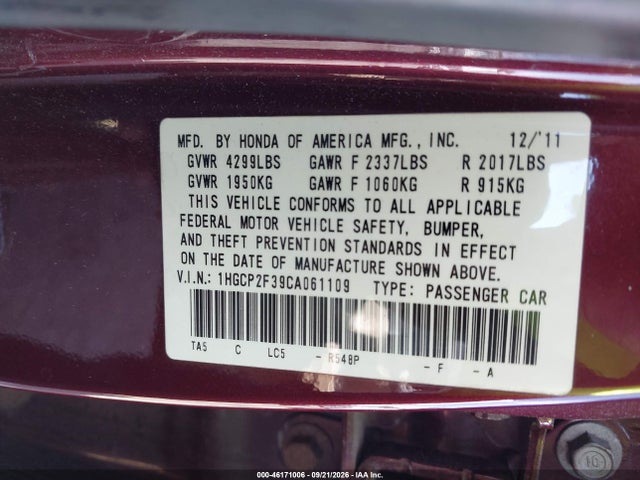 Продажа на аукционе авто 2012 Honda Accord Lx, vin: 1HGCP2F39CA061109, номер лота: 46171006