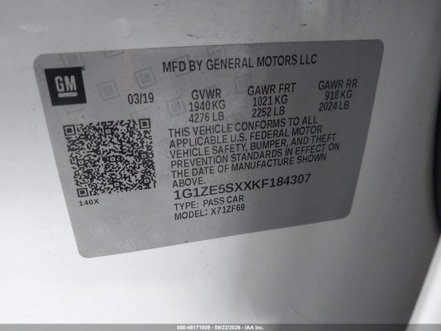 Продаж на аукціоні авто 2019 Chevrolet Malibu Premier, vin: 1G1ZE5SXXKF184307, номер лоту: 46171009