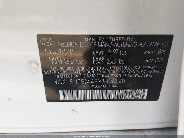 Aukcja sprzedaży 2018 Hyundai Sonata Se, vin: 5NPE24AFXJH598581, numer aukcji: 46171022