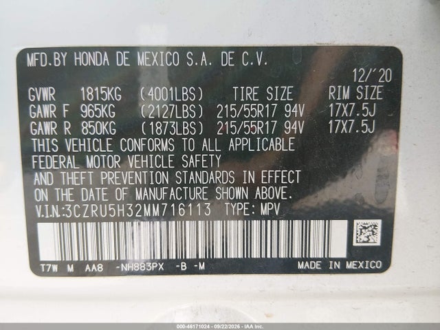 Aukcja sprzedaży 2021 Honda Hr-v Lx, vin: 3CZRU5H32MM716113, numer aukcji: 46171024