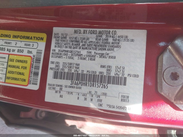 46171027 :رقم المزاد ، 3FA6P0HR1DR157265 vin ، 2013 Ford Fusion Se مزاد بيع