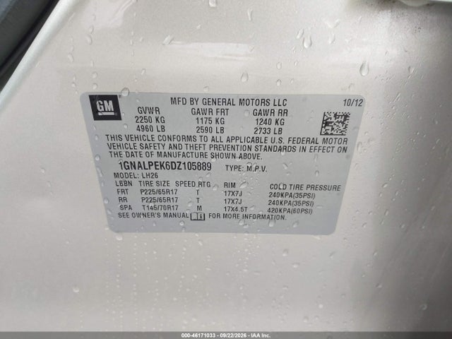 Aukcja sprzedaży 2013 Chevrolet Equinox 2lt, vin: 1GNALPEK6DZ105889, numer aukcji: 46171033