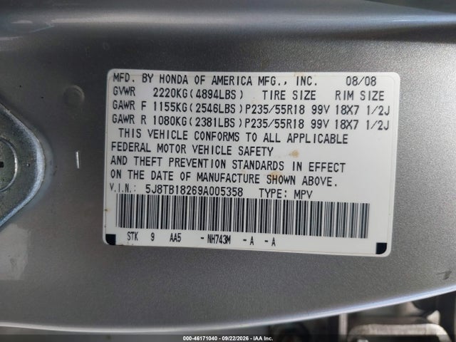 Aukcja sprzedaży 2009 Acura Rdx, vin: 5J8TB18269A005358, numer aukcji: 46171040