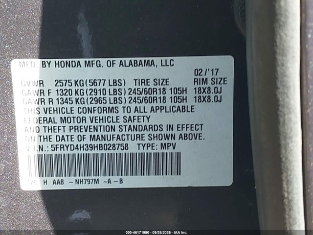 46171050 :رقم المزاد ، 5FRYD4H39HB028758 vin ، 2017 Acura Mdx مزاد بيع