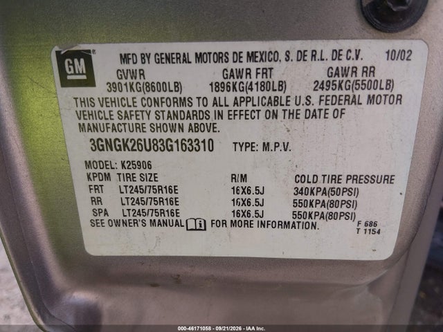 Продаж на аукціоні авто 2003 Chevrolet Suburban 2500 Ls, vin: 3GNGK26U83G163310, номер лоту: 46171058