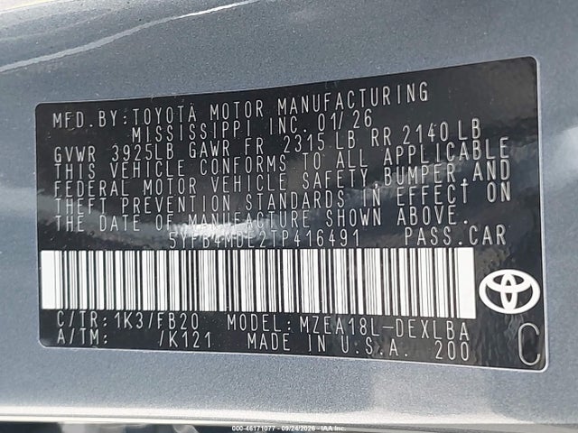 Aukcja sprzedaży 2026 Toyota Corolla Le, vin: 5YFB4MDE2TP416491, numer aukcji: 46171077