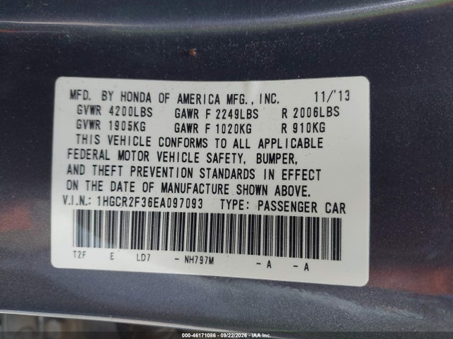Продаж на аукціоні авто 2014 Honda Accord Lx, vin: 1HGCR2F36EA097093, номер лоту: 46171086