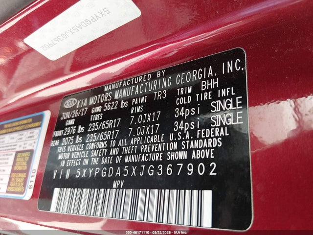 46171110 :رقم المزاد ، 5XYPGDA5XJG367902 vin ، 2018 Kia Sorento 3.3l Lx مزاد بيع