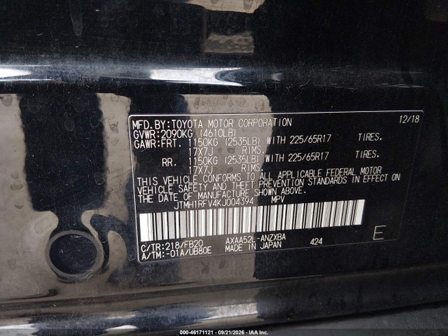 46171121 :رقم المزاد ، JTMH1RFV4KJ004394 vin ، 2019 Toyota Rav4 Le مزاد بيع