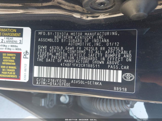 2012 Toyota Camry Le მანქანა იყიდება აუქციონზე, vin: 4T4BF1FK2CR188511, აუქციონის ნომერი: 46171138