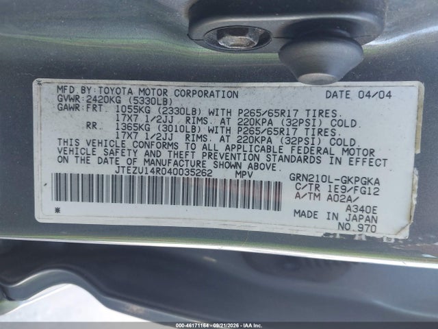 Продажа на аукционе авто 2004 Toyota 4runner Sr5 V6, vin: JTEZU14R040035262, номер лота: 46171164