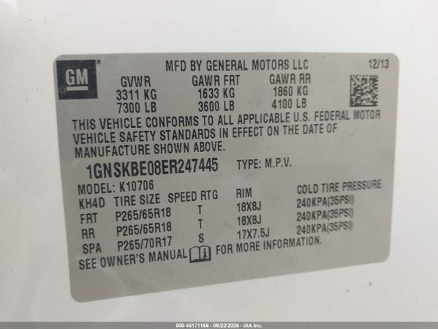 46171166 :رقم المزاد ، 1GNSKBE08ER247445 vin ، 2014 Chevrolet Tahoe Lt مزاد بيع
