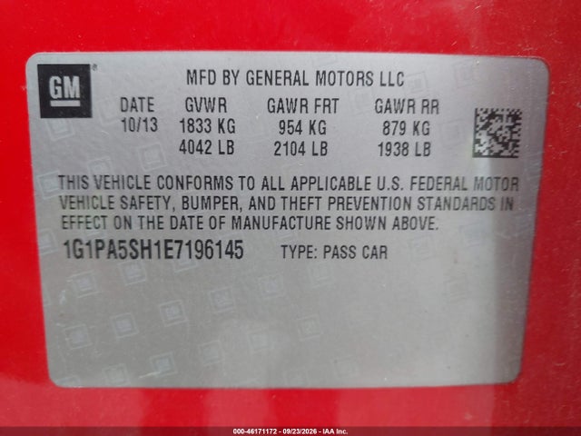 Продаж на аукціоні авто 2014 Chevrolet Cruze Ls Auto, vin: 1G1PA5SH1E7196145, номер лоту: 46171172