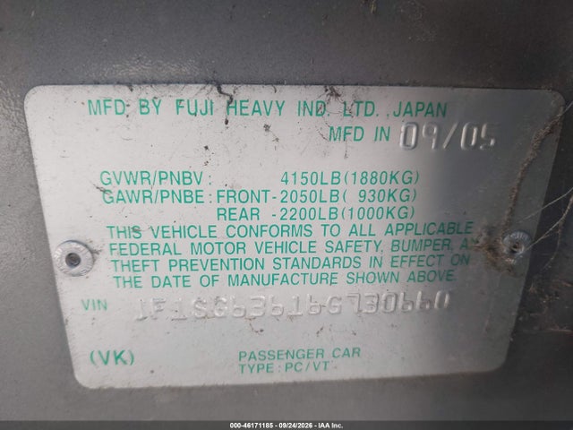 Aukcja sprzedaży 2006 Subaru Forester 2.5x, vin: JF1SG63616G730660, numer aukcji: 46171185