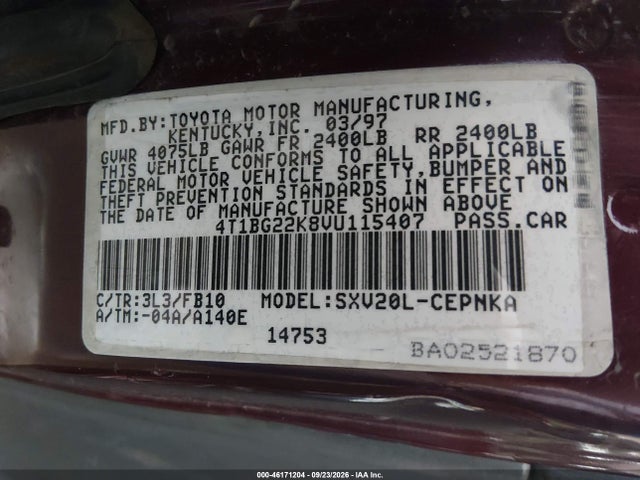 Продаж на аукціоні авто 1997 Toyota Camry Le, vin: 4T1BG22K8VU115407, номер лоту: 46171204