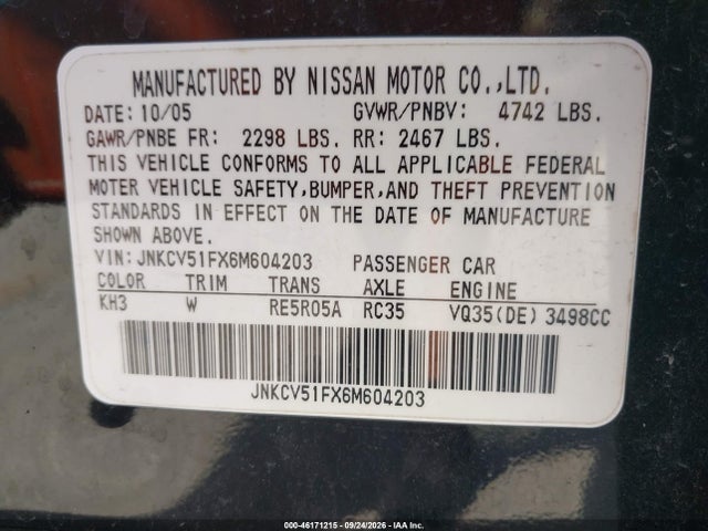 Продажа на аукционе авто 2006 Infiniti G35x, vin: JNKCV51FX6M604203, номер лота: 46171215
