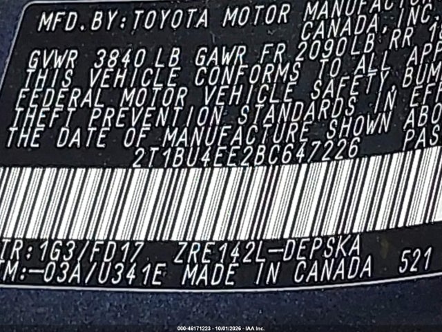 46171223 :رقم المزاد ، 2T1BU4EE2BC647226 vin ، 2011 Toyota Corolla S مزاد بيع