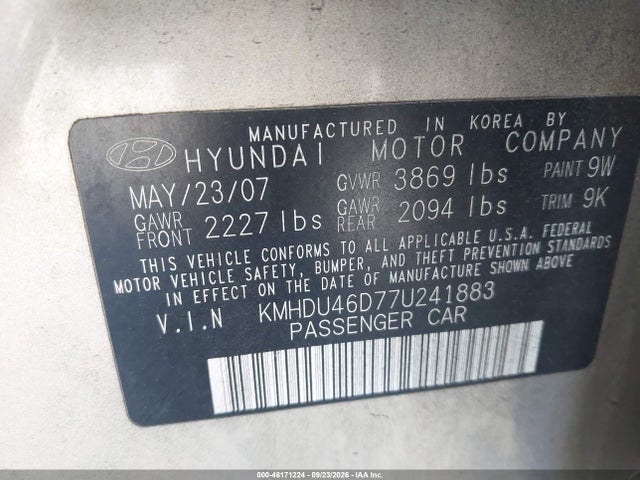 Aukcja sprzedaży 2007 Hyundai Elantra Gls/limited/se, vin: KMHDU46D77U241883, numer aukcji: 46171224