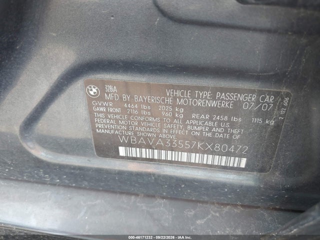 Auction sale of the 2007 Bmw 328i, vin: WBAVA33557KX80472, lot number: 46171232