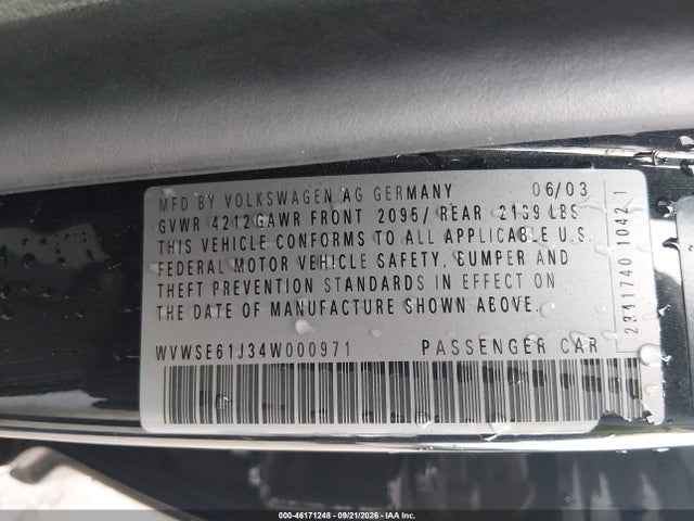 46171248 :رقم المزاد ، WVWSE61J34W000971 vin ، 2004 Volkswagen Jetta Gls 1.8t مزاد بيع