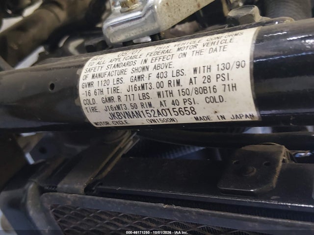 46171250 :رقم المزاد ، JKBVNAN152A015658 vin ، 2002 Kawasaki Vn1500 N1 مزاد بيع