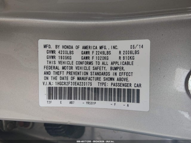 Продажа на аукционе авто 2014 Honda Accord Lx, vin: 1HGCR2F30EA220175, номер лота: 46171255