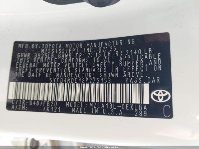 Продажа на аукционе авто 2025 Toyota Corolla Le, vin: 5YFB4MDE1SP275153, номер лота: 46171270