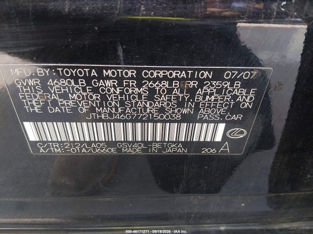 Продажа на аукционе авто 2007 Lexus Es 350, vin: JTHBJ46G772150038, номер лота: 46171271