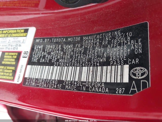 46171277 :رقم المزاد ، 2T1BU4EE9AC403314 vin ، 2010 Toyota Corolla Le مزاد بيع