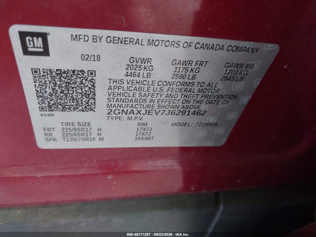 Продаж на аукціоні авто 2018 Chevrolet Equinox Lt, vin: 2GNAXJEV7J6291462, номер лоту: 46171287