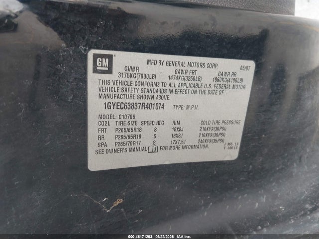 46171293 :رقم المزاد ، 1GYEC63837R401074 vin ، 2007 Cadillac Escalade Standard مزاد بيع