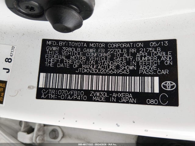 Продаж на аукціоні авто 2013 Toyota Prius Two, vin: JTDKN3DU2D5649543, номер лоту: 46171322